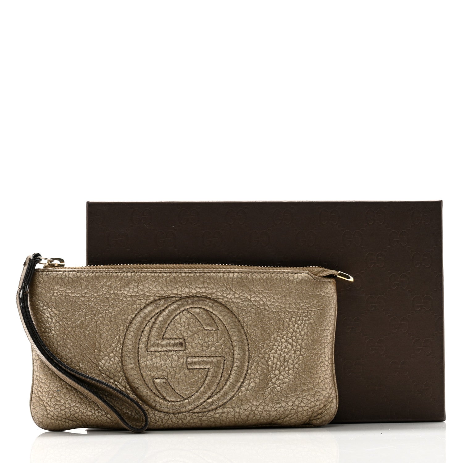 Gucci Metallic Pebbled Calfskin Soho Wristlet Golden Beige 5 of 8