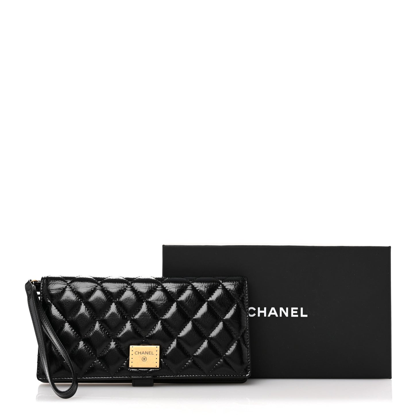 Shiny Calfskin Quilted Flap Wallet Black