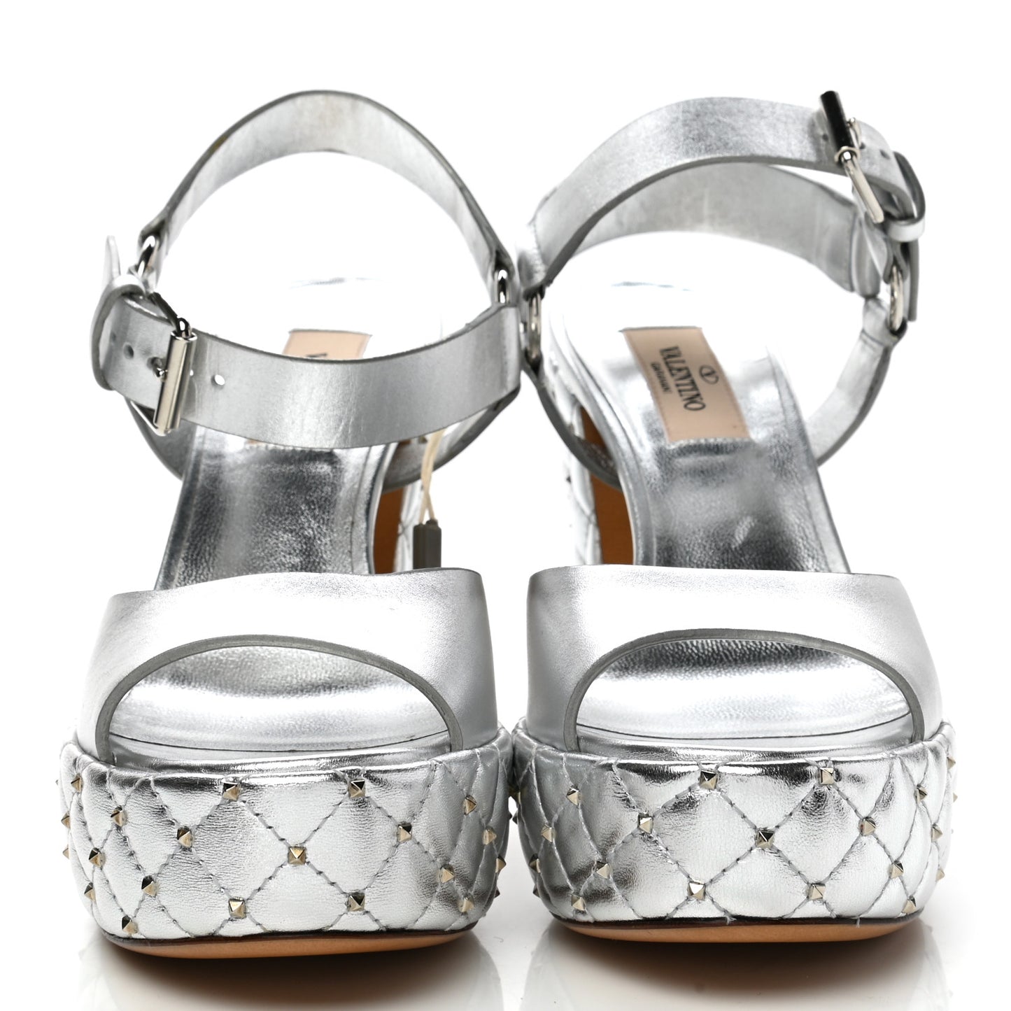 Metallic Nappa Quilted Rockstud Spike Platform Sandals 36 Silver