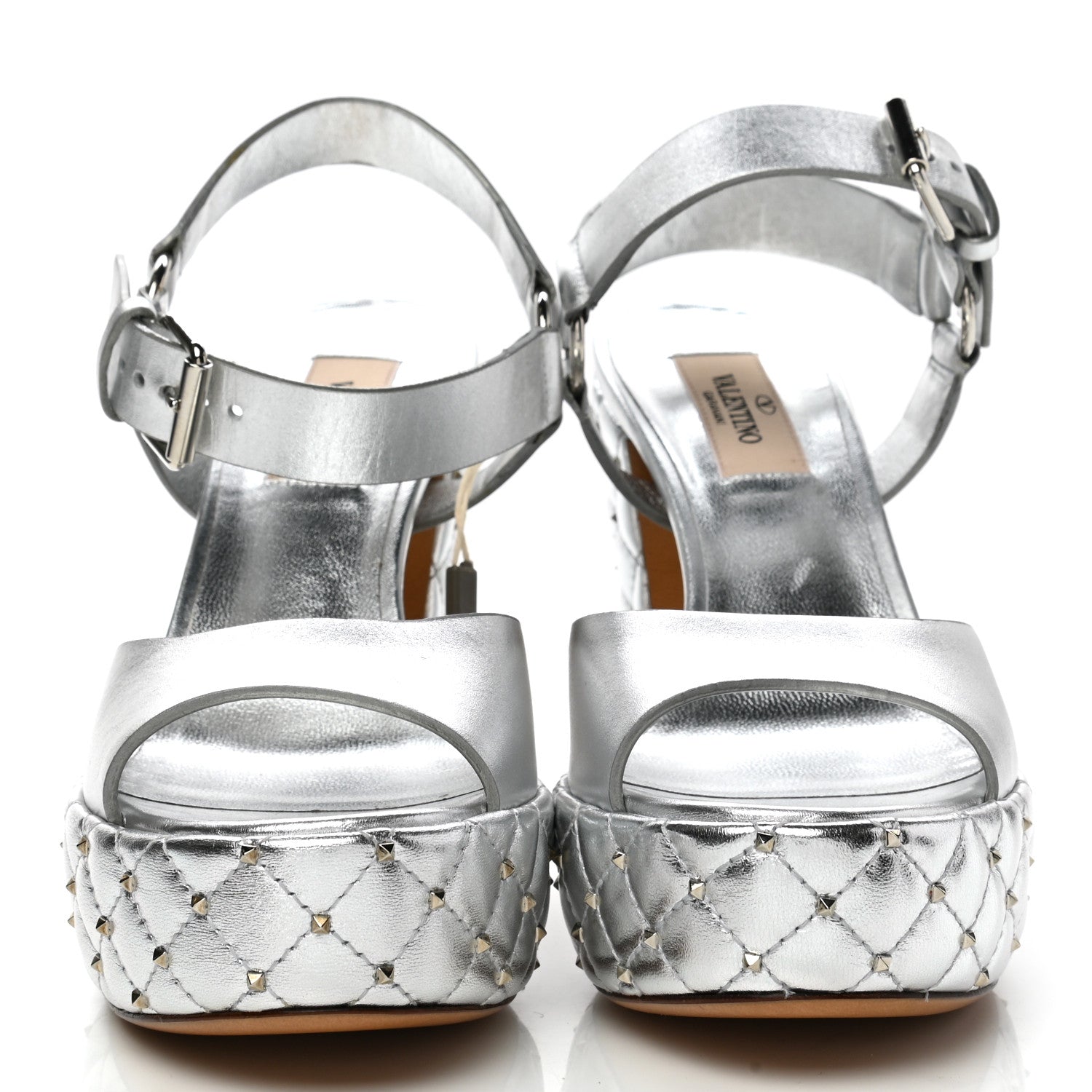 Valentino Garavani Metallic Nappa Quilted Rockstud Spike Platform Sandals 36 Silver 2 of 11