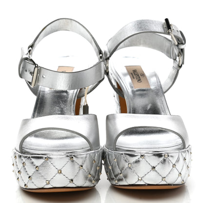 Valentino Garavani Metallic Nappa Quilted Rockstud Spike Platform Sandals 36 Silver 2 of 11