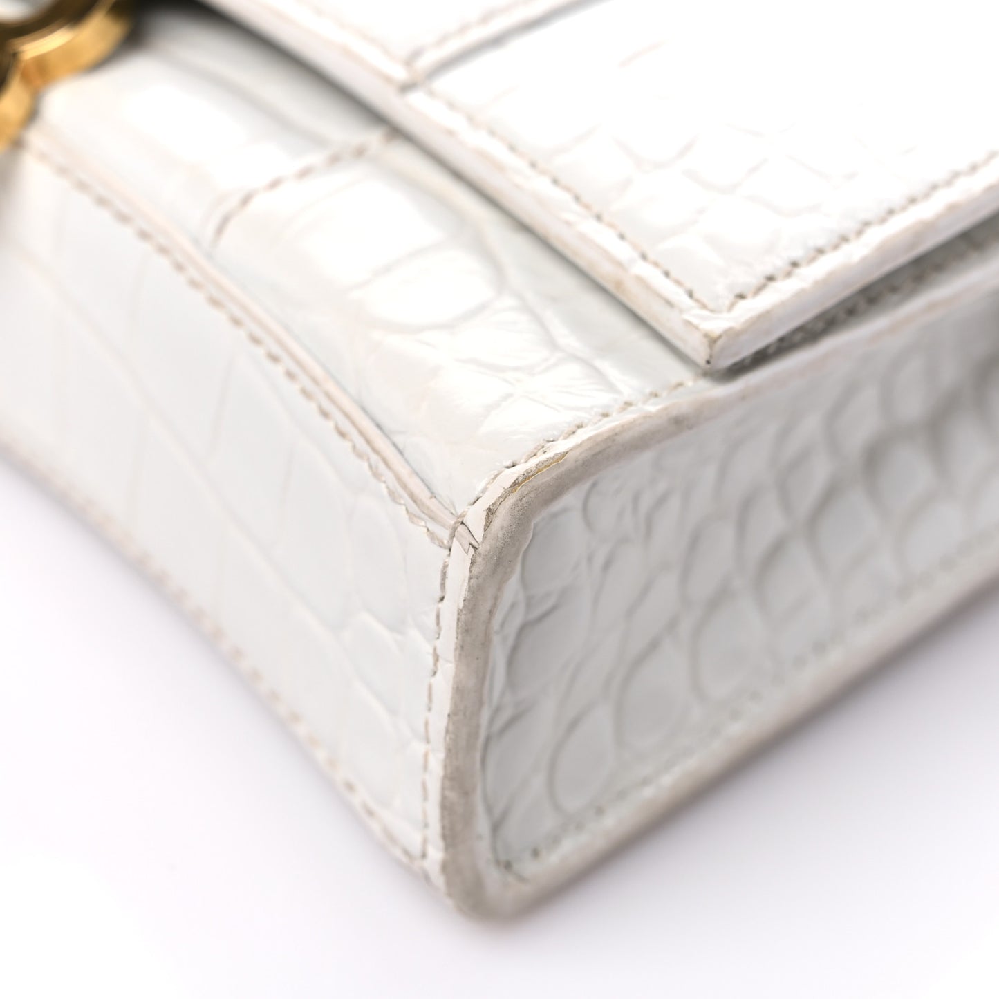Shiny Calfskin Crocodile Embossed Hourglass Chain Bag White