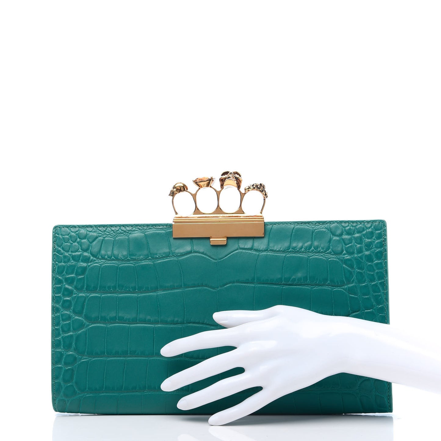 Calfskin Crocodile Embossed Knuckle Flat Clutch Green