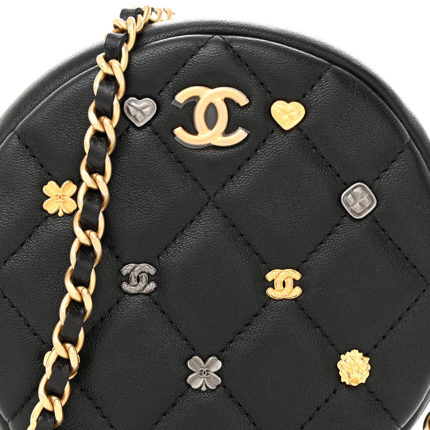 Lambskin Quilted Studded Round Clutch With Chain Black