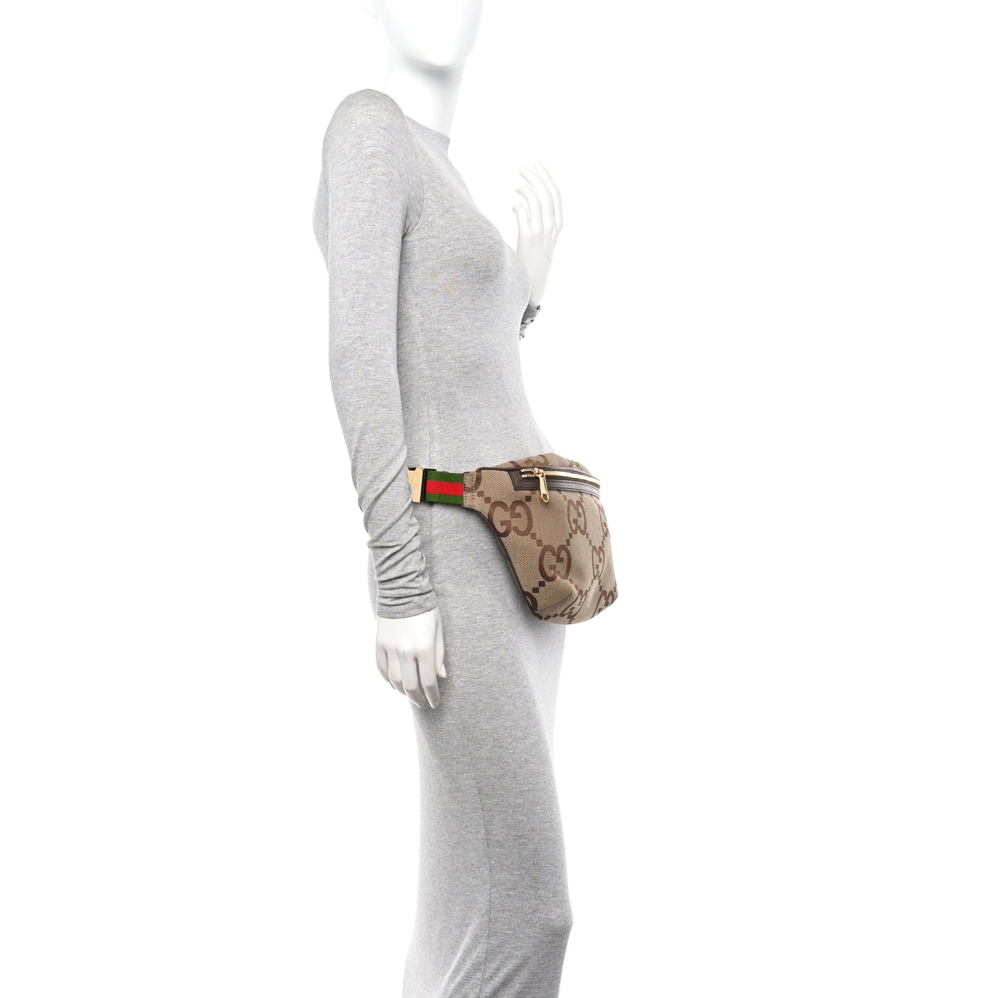Monogram Jumbo GG Textured Dollar Calfskin Web Belt Bag Camel Ebony New Acero