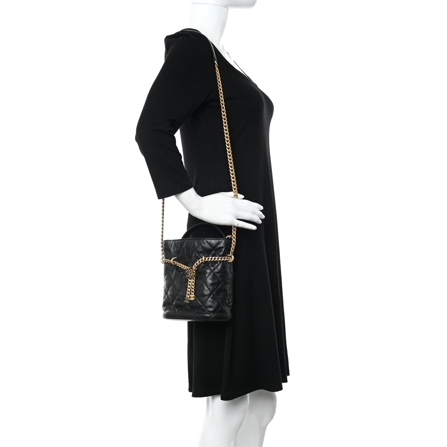 Chanel Lambskin Enamel Quilted Pending CC Bucket Drawstring Bag Black 2 of 11