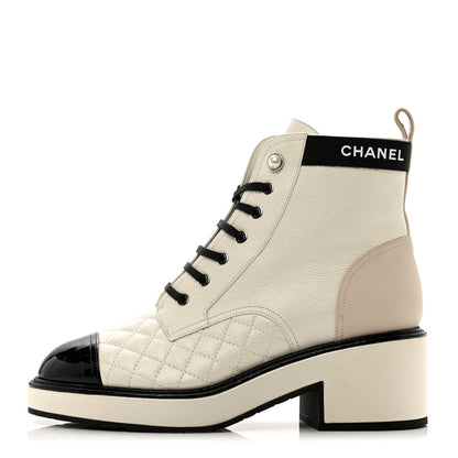 Chanel Pearly Calfskin Patent Calfskin Quilted Lace Up Boots 39 White Light Gray Black 1 of 9