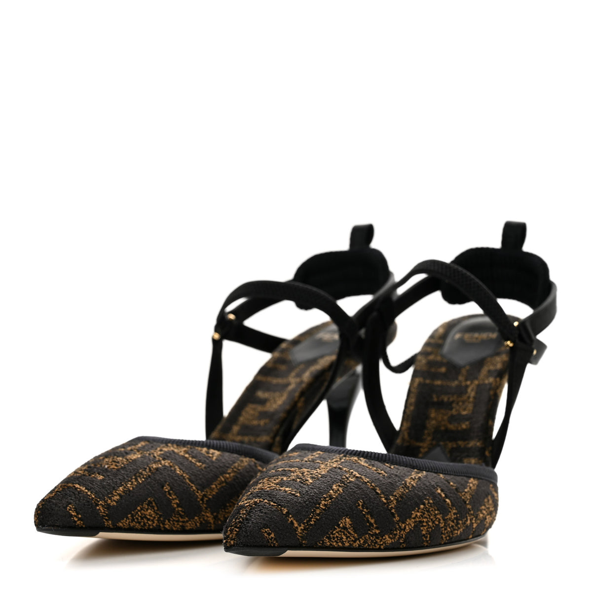 Fendi Fabric Jacquard FF Colibri Lite 85mm Slingback Pumps 39.5 Tobacco Black 4 of 8