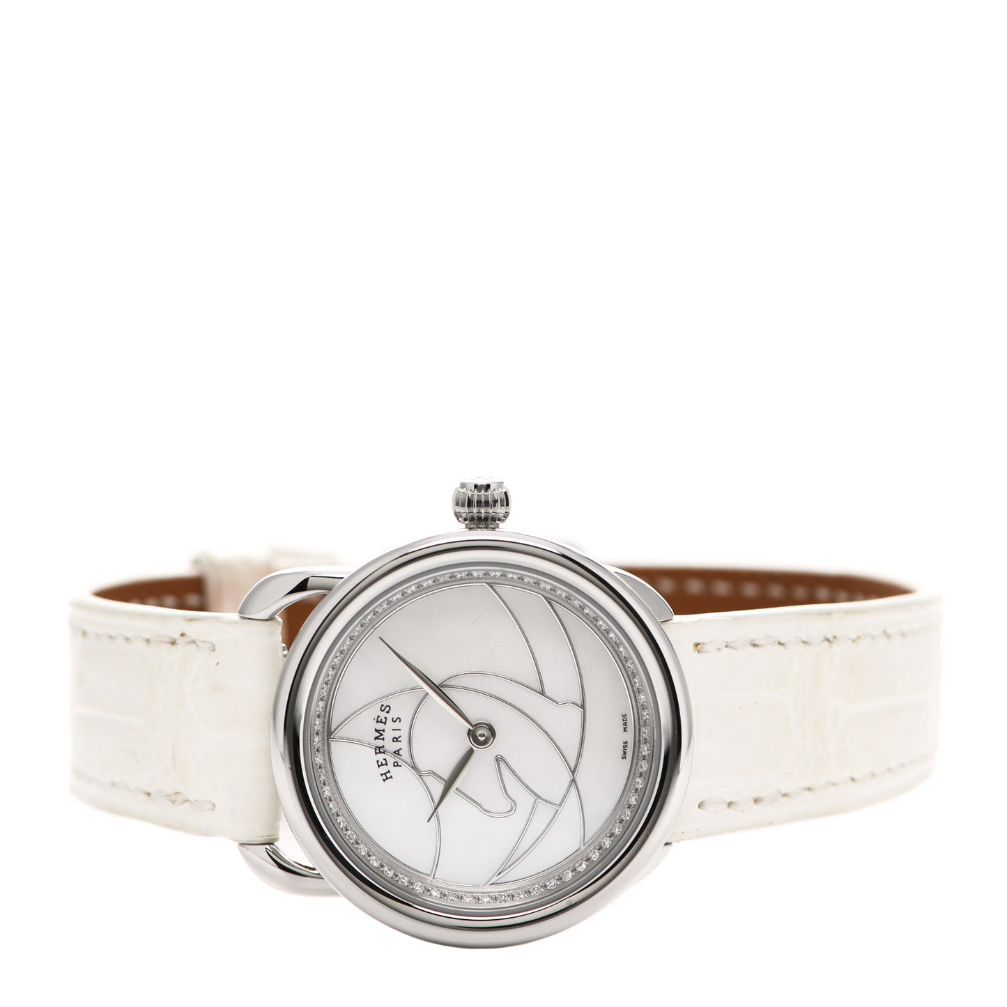 Stainless Steel Alligator Diamond Mother of Pearl 28mm Arceau Cavales Quartz Watch Blanc