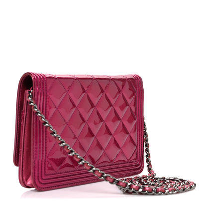 Chanel Metallic Patent Calfskin Quilted Boy Wallet On Chain WOC Fuchsia 3 of 13