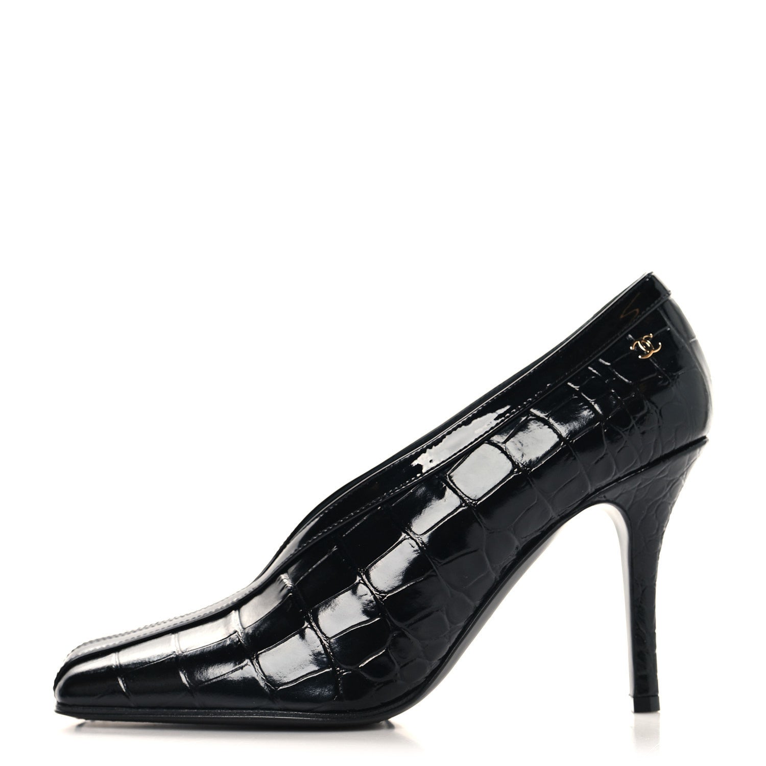 Chanel Crocodile Embossed Patent Calfskin Pumps 38.5 Black 1 of 20