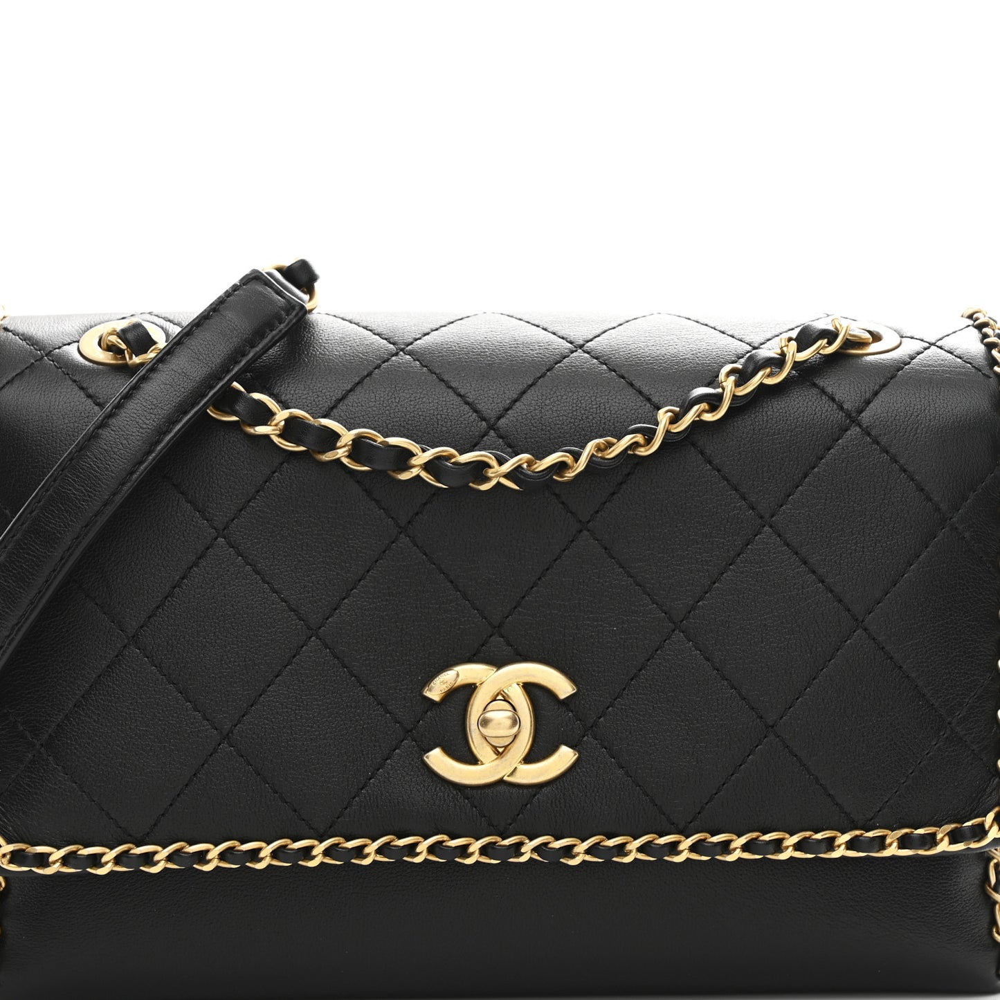 Calfskin Stitched Chain Flap Black