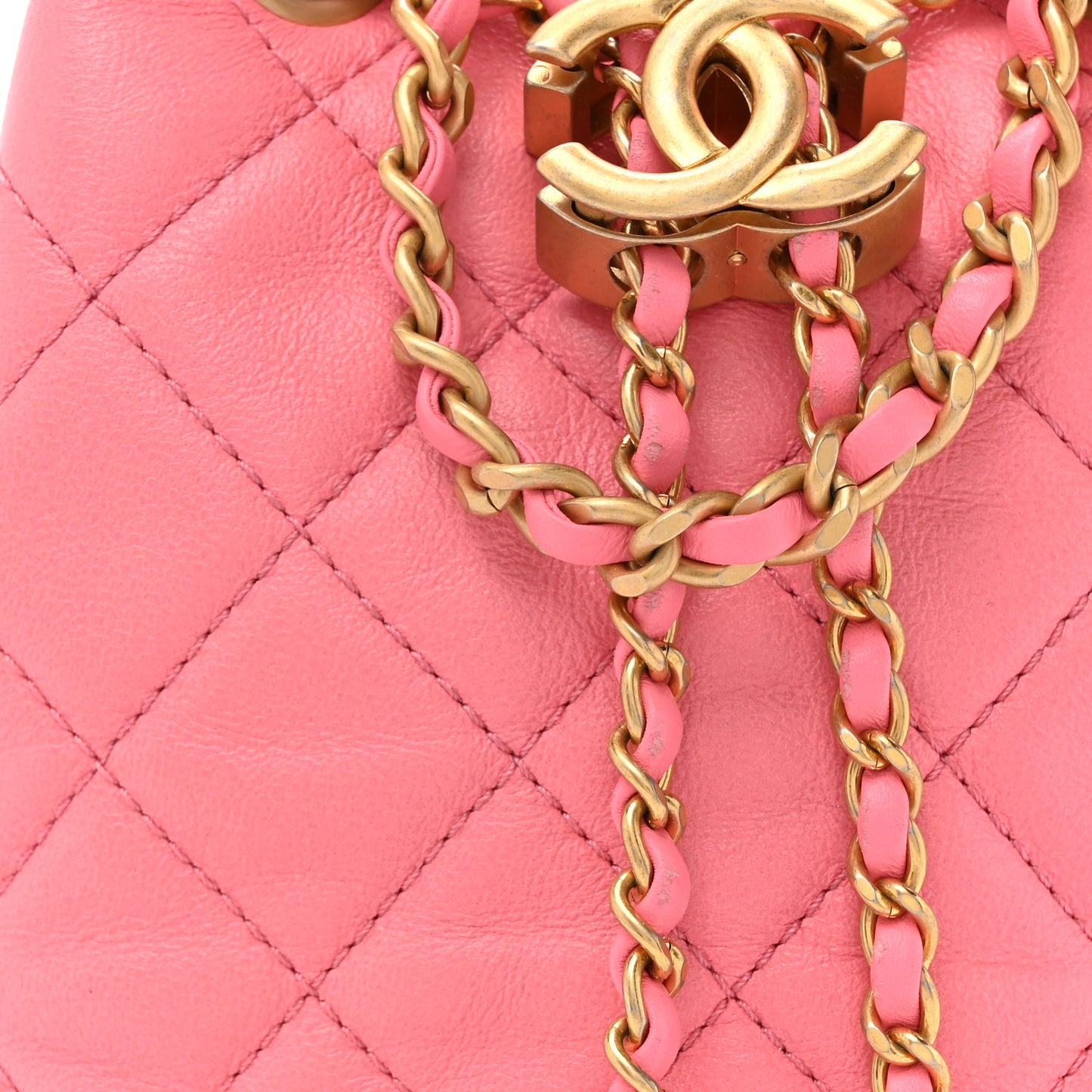 Lambskin Quilted Pearl Crush Drawstring Bag Pink