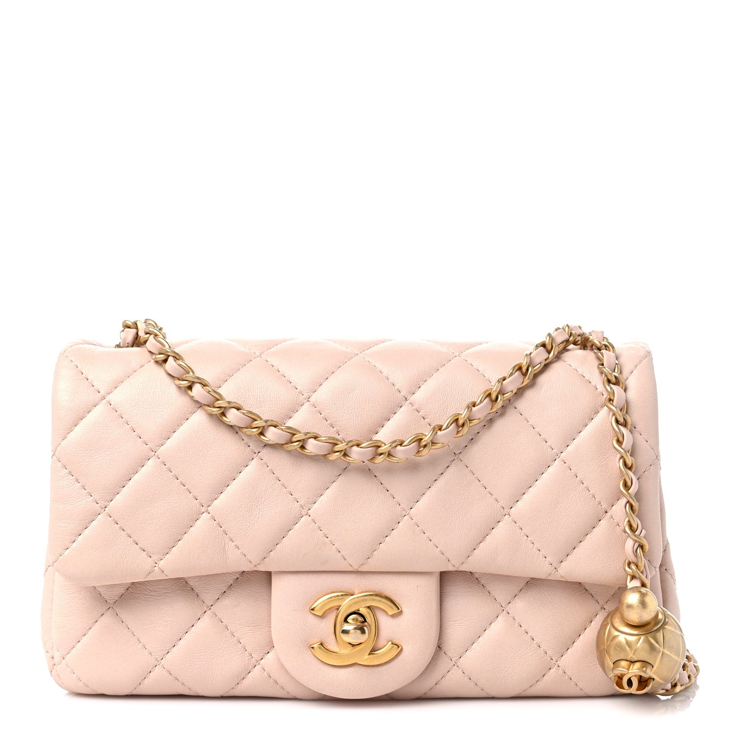 Lambskin Quilted Mini Rectangular Pearl Crush Flap Light Beige