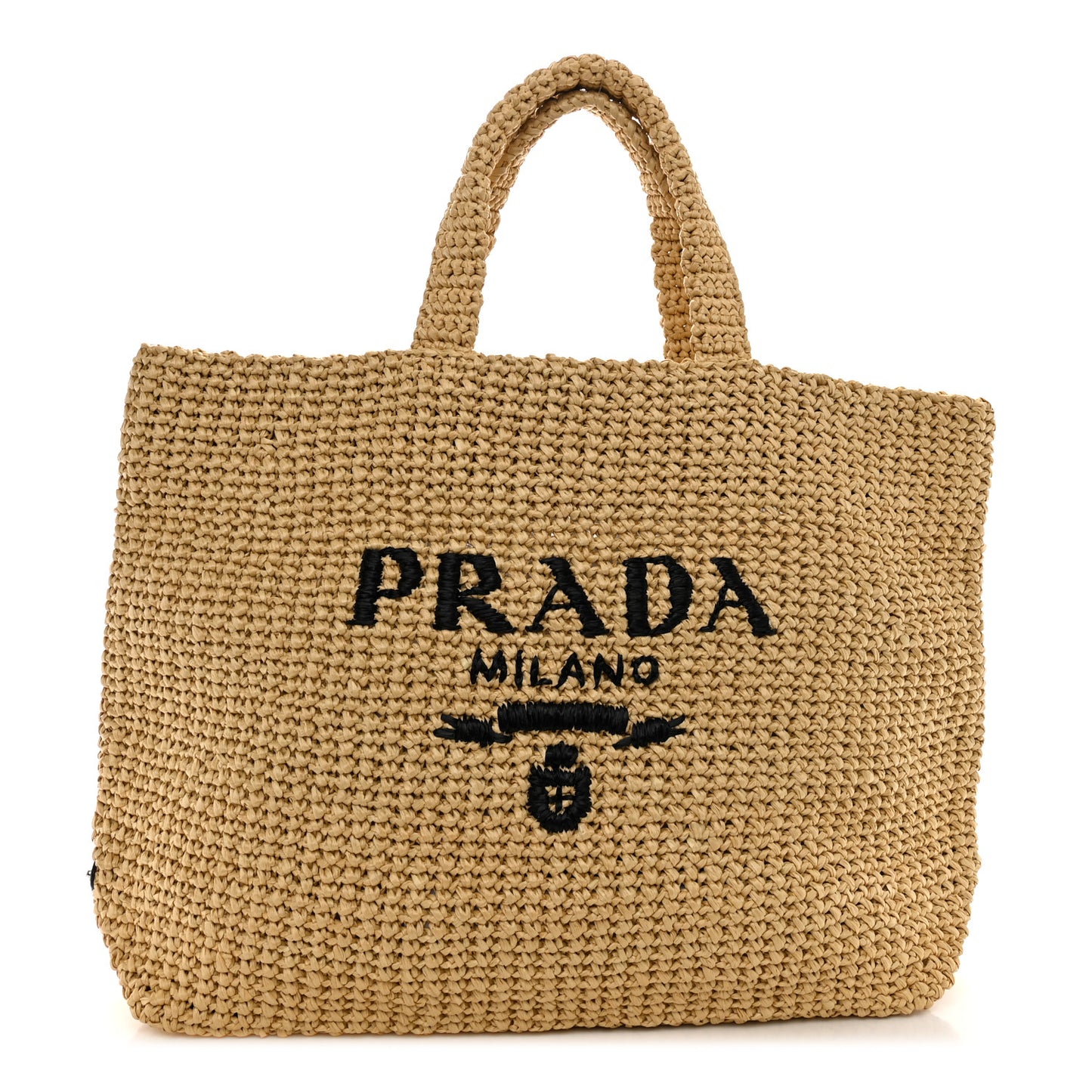 Yarn Raffia Effect Crochet Embroidered Logo Tote Naturale