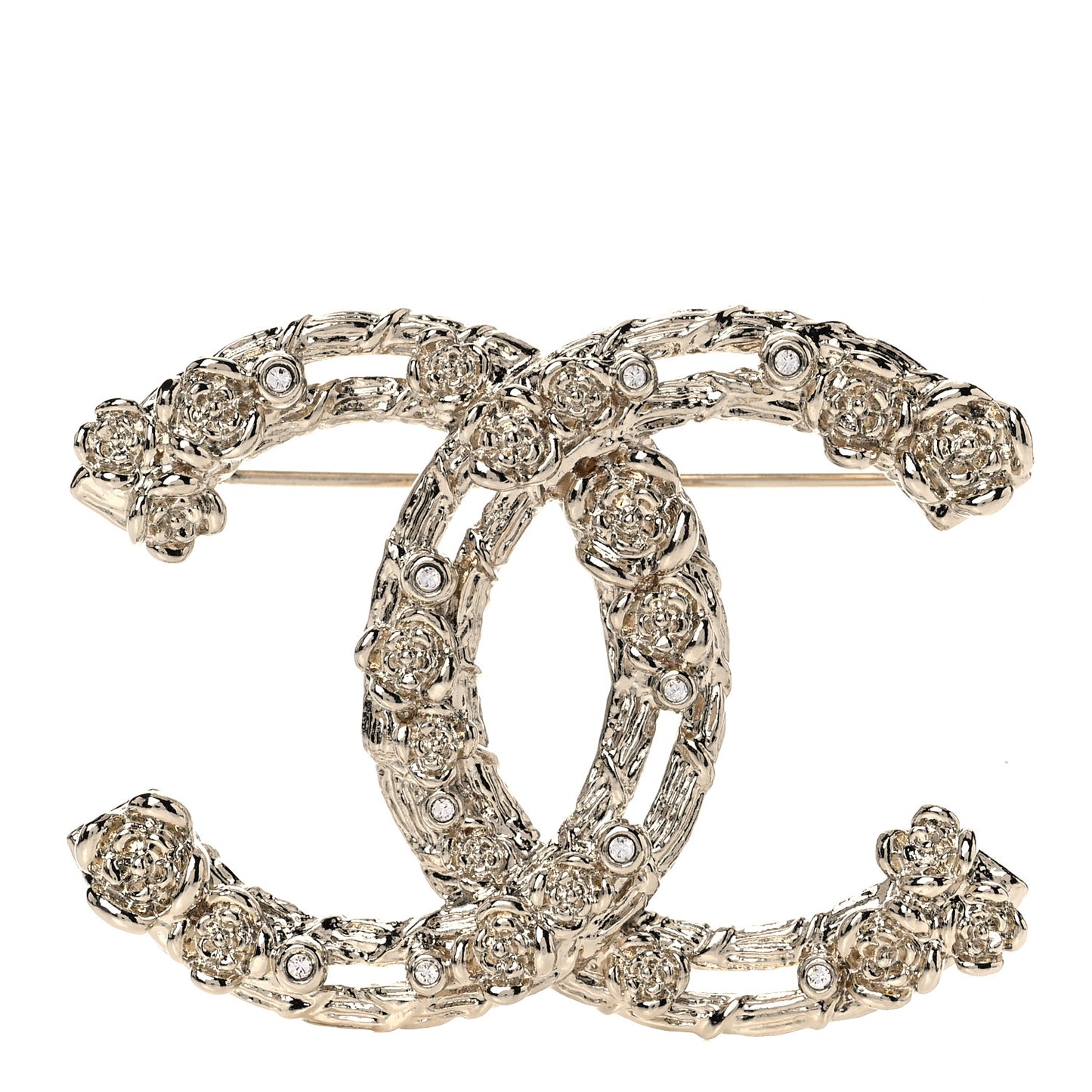 Metal Crystal Camellia CC Brooch Light Gold