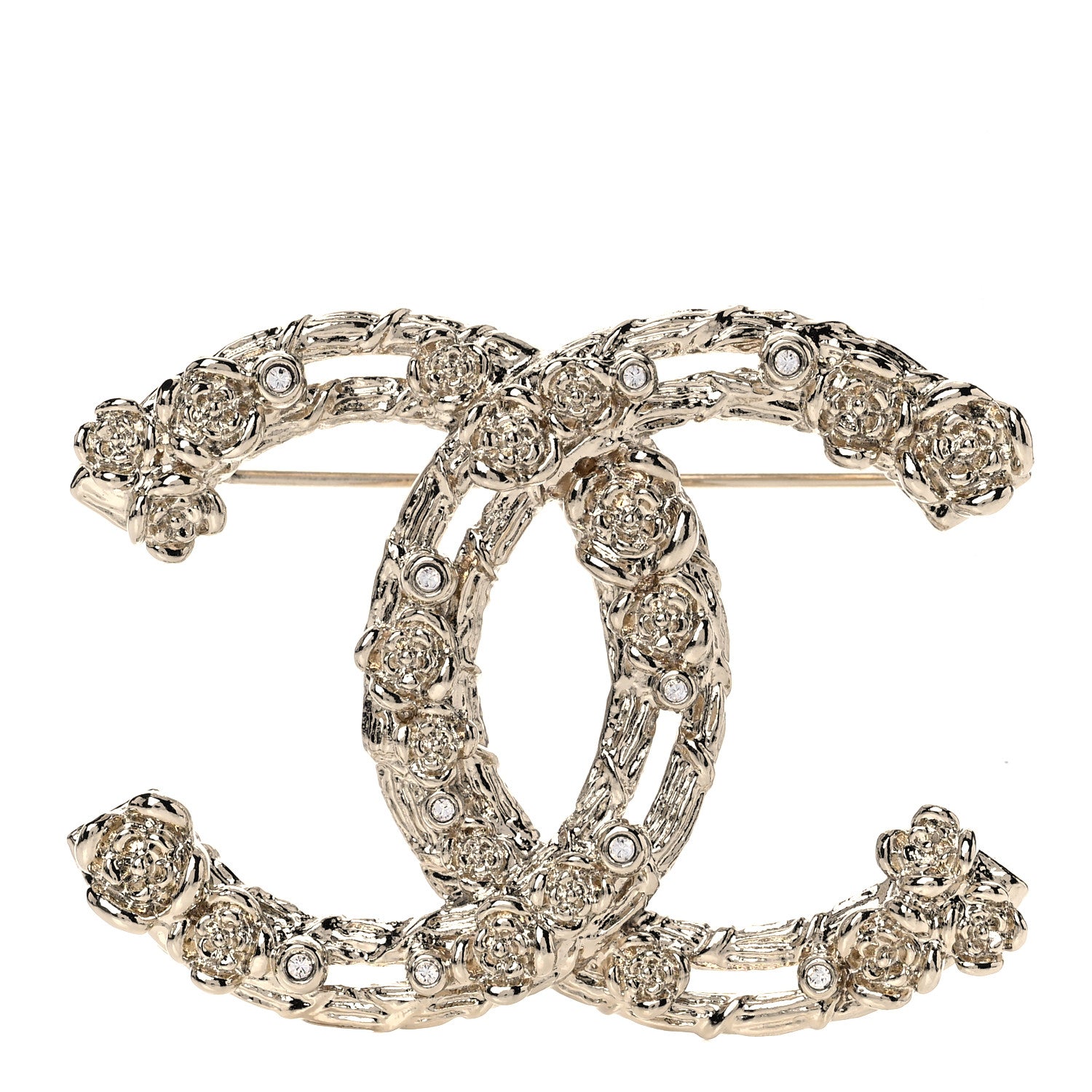 Chanel Metal Crystal Camellia CC Brooch Light Gold 1 of 5