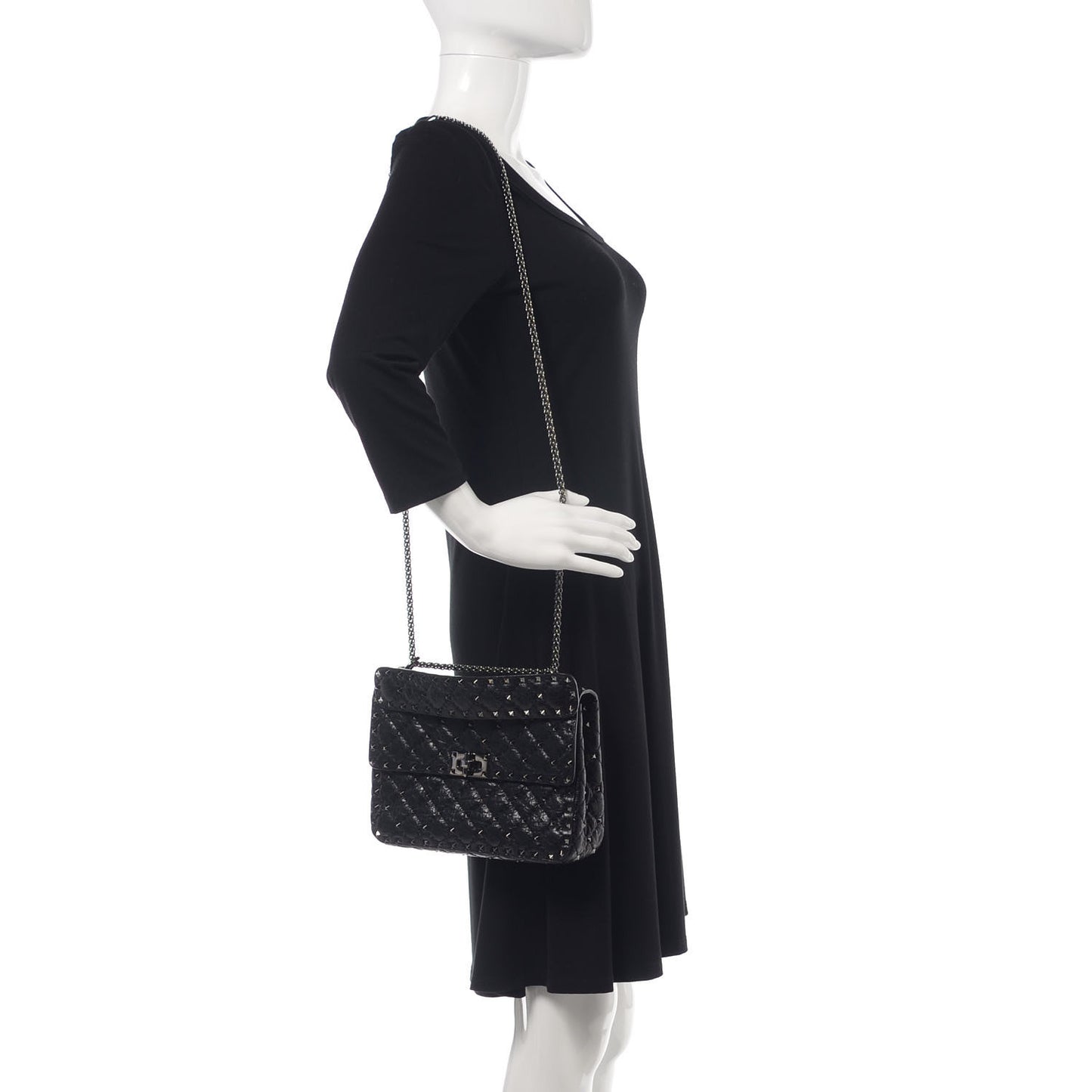 Craquele Nappa Medium Rockstud Spike Shoulder Bag Black