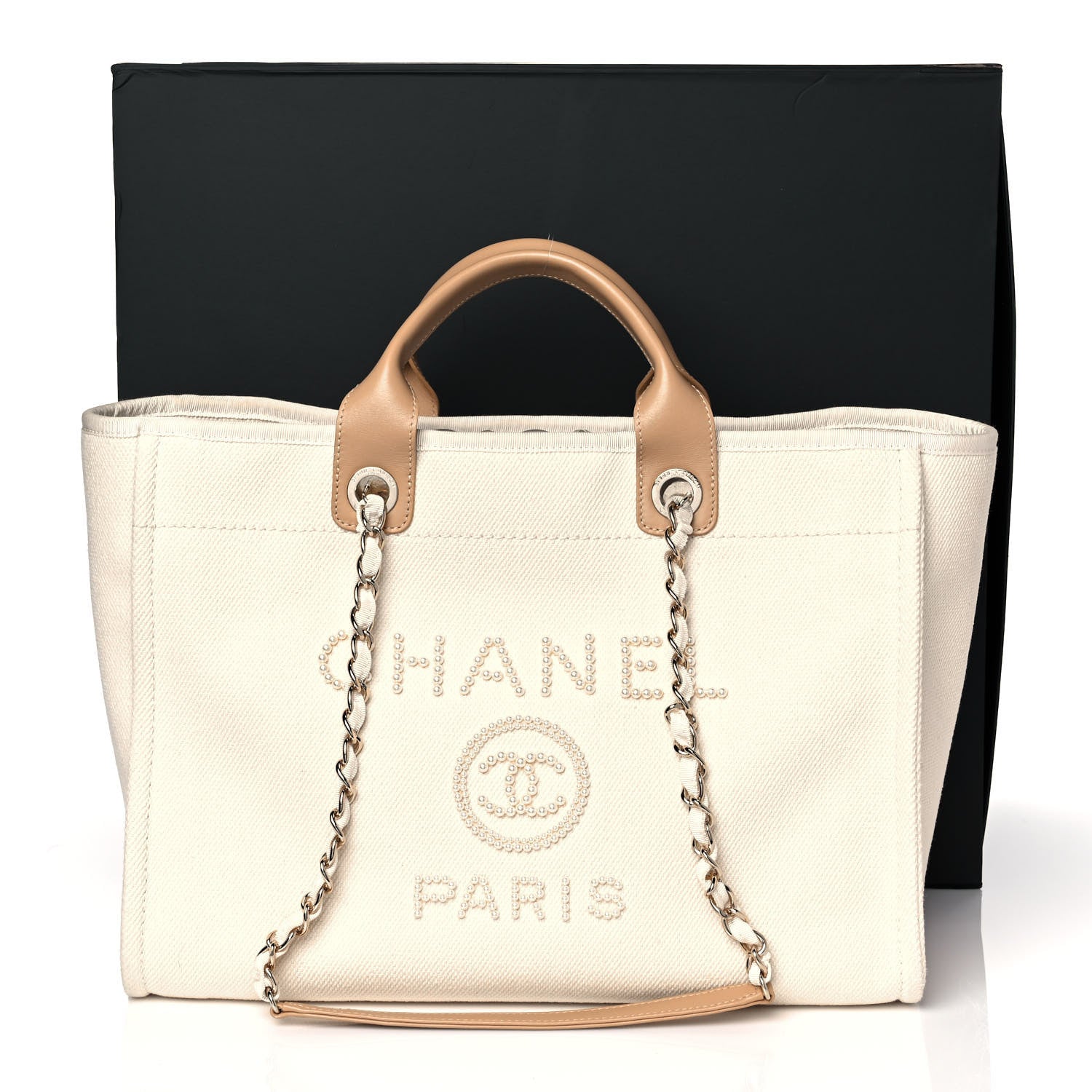 Chanel Canvas Pearl Medium Deauville Tote Ecru Beige 10 of 10