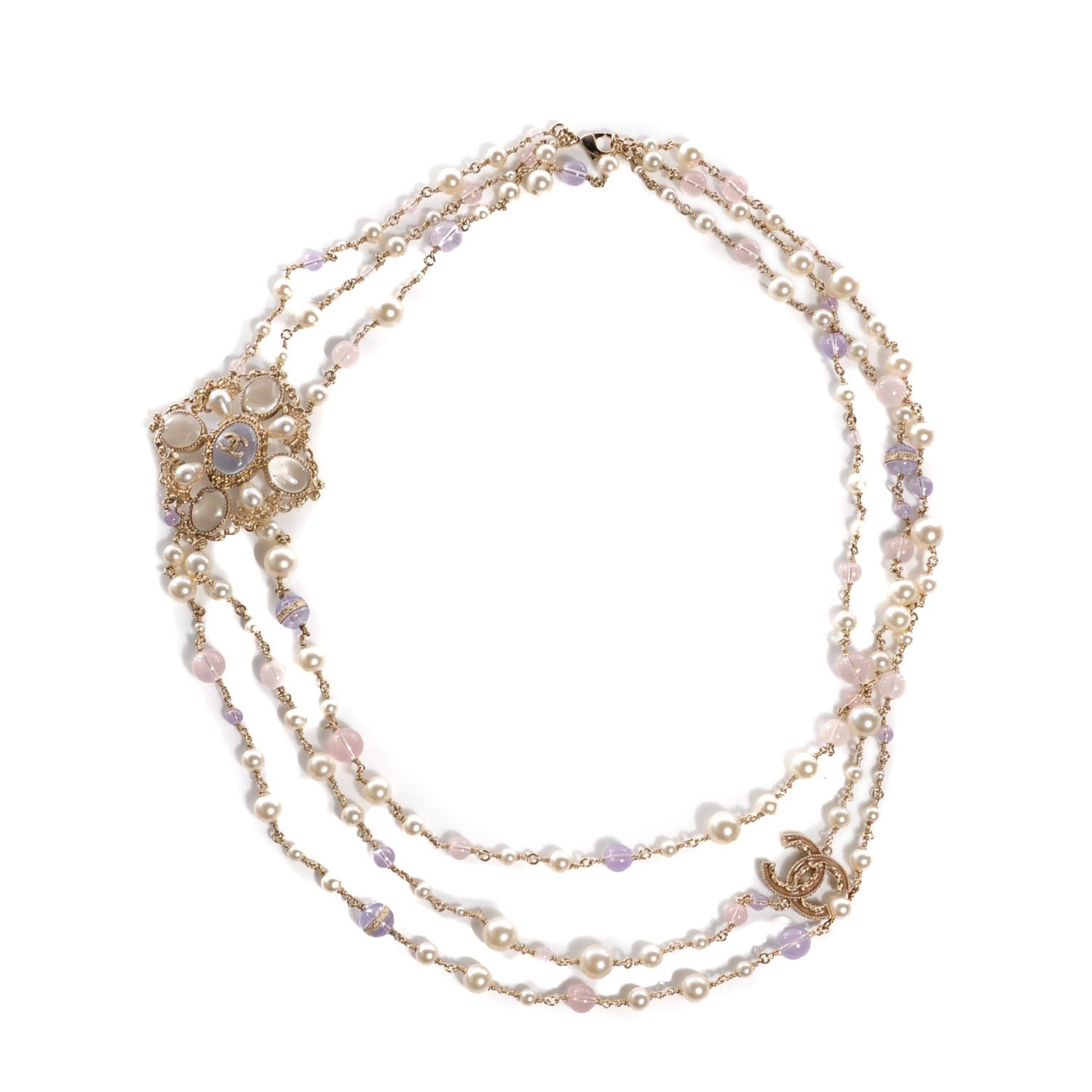 Chanel Pearl Beaded Baroque Cross Multi Strand Necklace Gold Pink 1 of 5