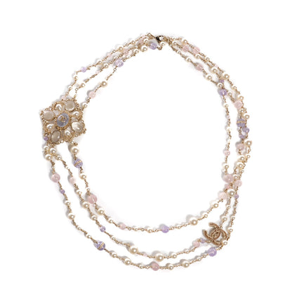 Chanel Pearl Beaded Baroque Cross Multi Strand Necklace Gold Pink 1 of 5