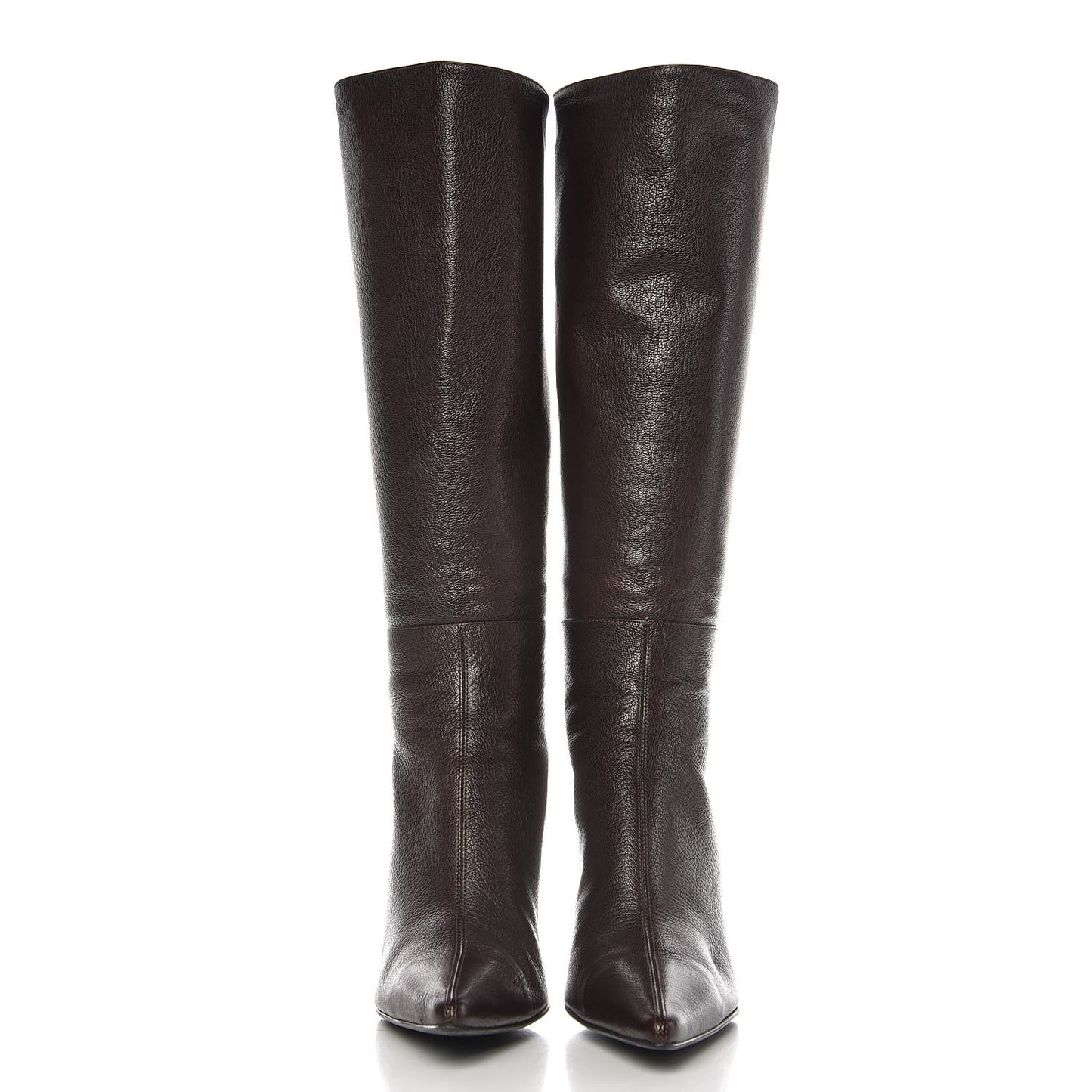 Grained Calfskin Pointed Toe Knee High Boots 8 Brown