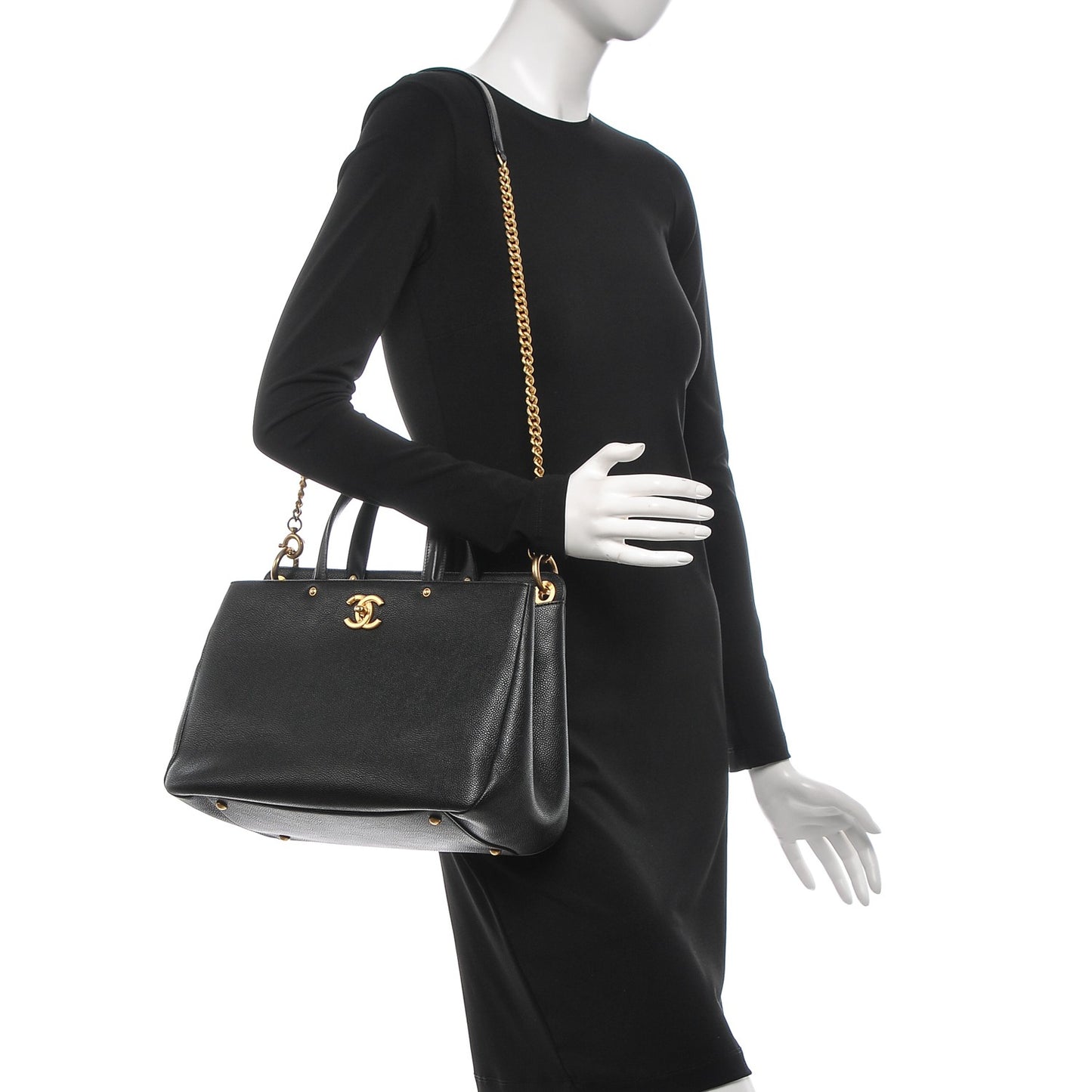 Grained Calfskin Large Shopping Tote Black