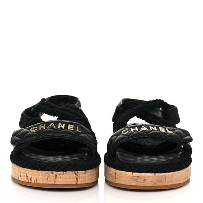 Chanel Cord Lambskin Quilted Logo Sandals 38 Black 2 of 8