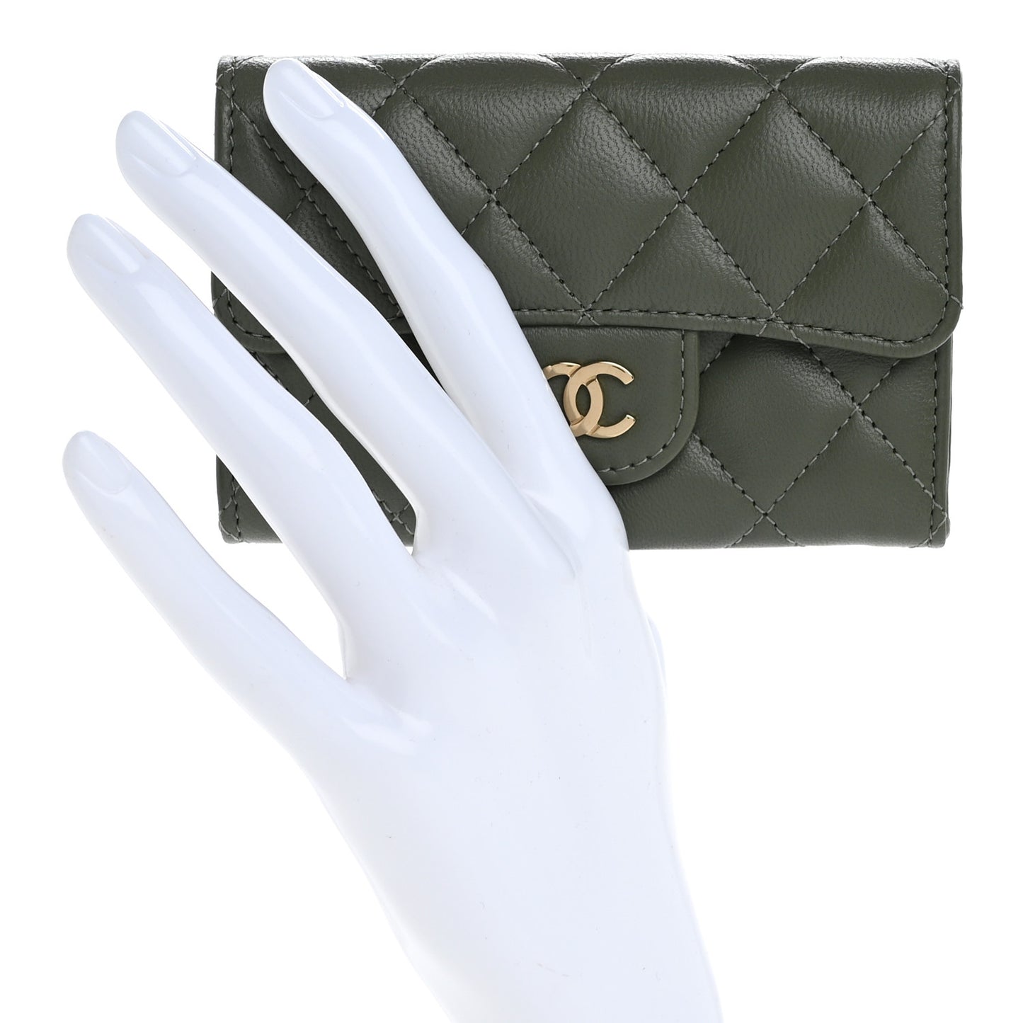 Lambskin Quilted Flap Card Holder Wallet Khaki