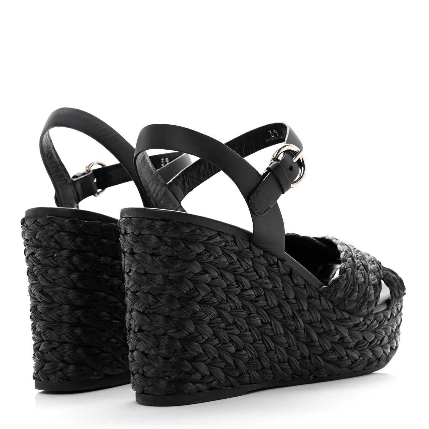 Raffia Crisscross Wedge Sandals 39 Black