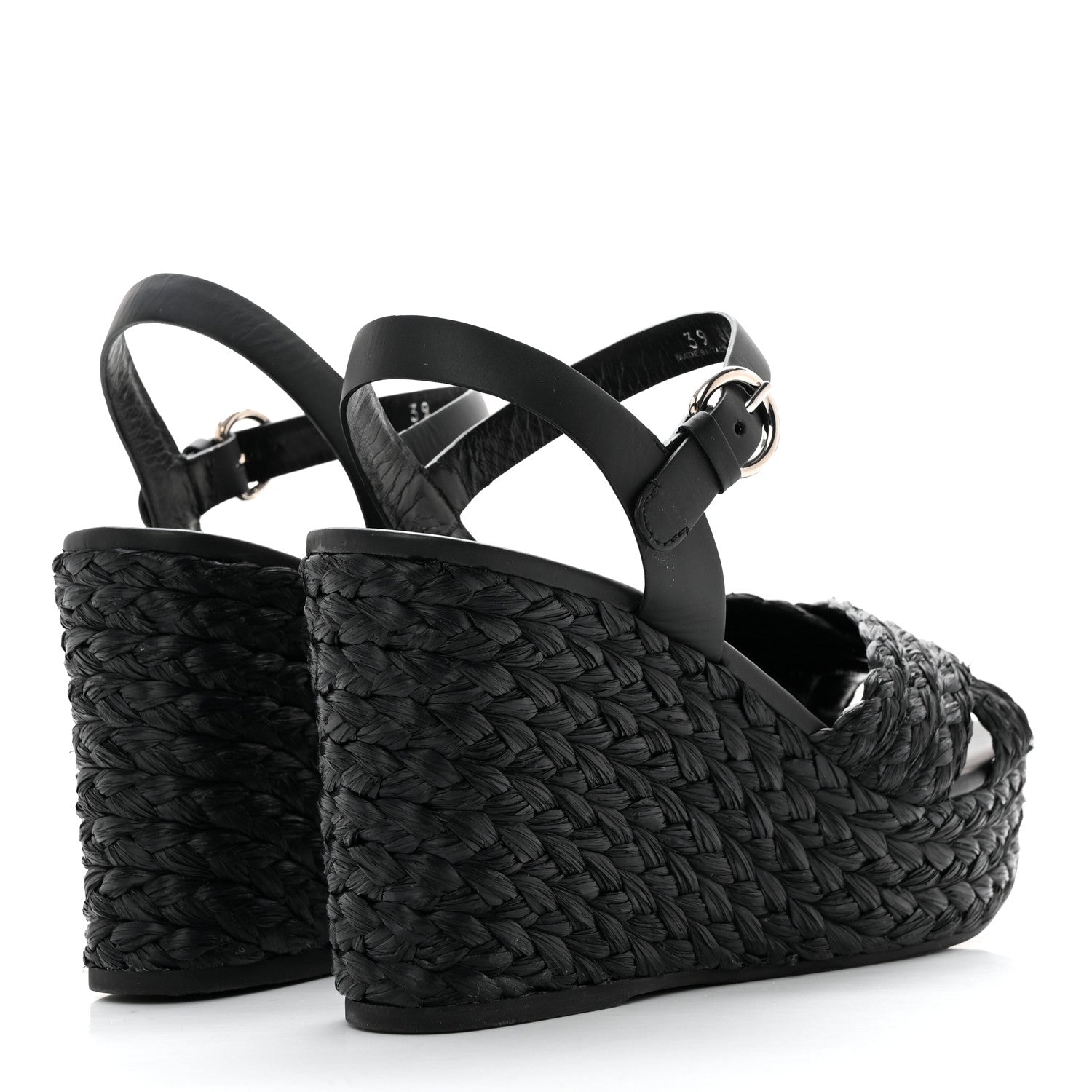 Prada Raffia Crisscross Wedge Sandals 39 Black 4 of 15