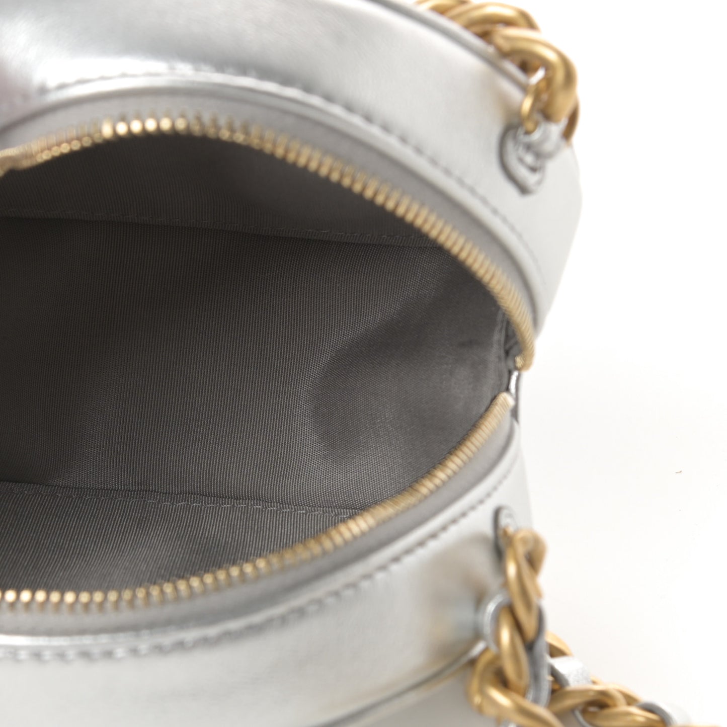 Metallic Lambskin Quilted Chanel 19 Round Clutch With Chain Silver