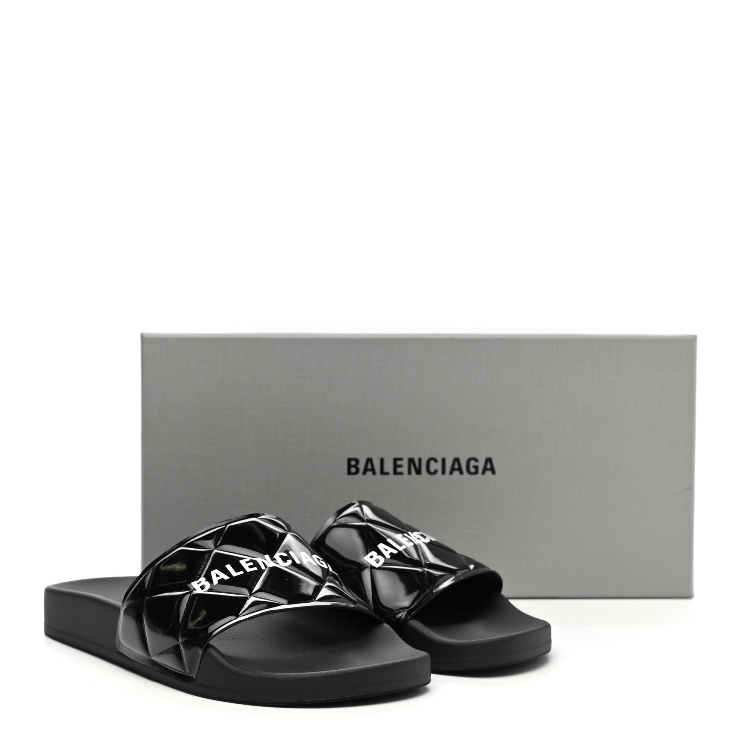 Balenciaga Patent Rubber Logo Womens Pool Slide Sandals 39 Black White 8 of 8