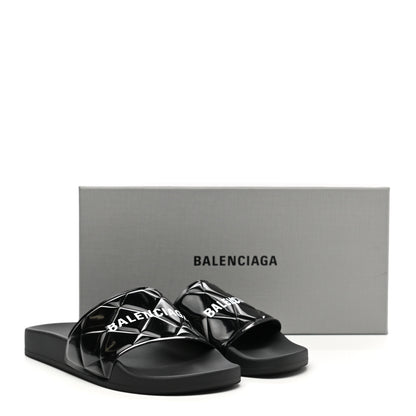 Balenciaga Patent Rubber Logo Womens Pool Slide Sandals 39 Black White 8 of 8