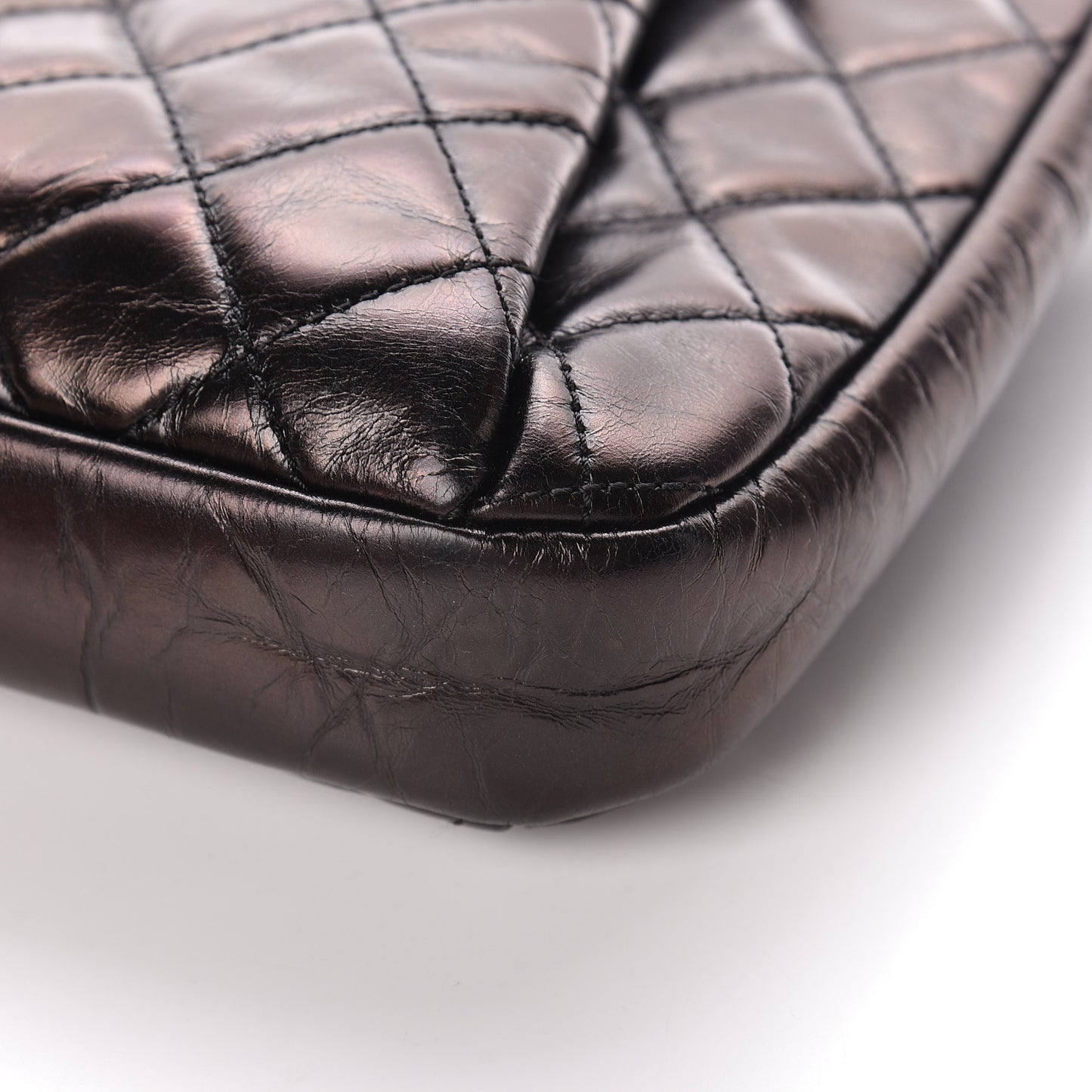 Glazed Calfskin Quilted Accordion Flap Black