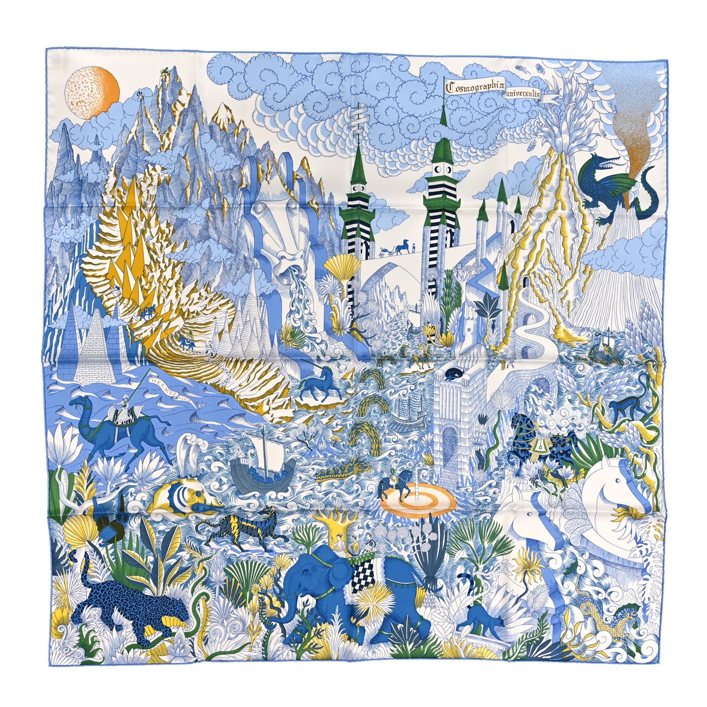 Silk Cosmographia Universalis Scarf 90 White Bleu Vert