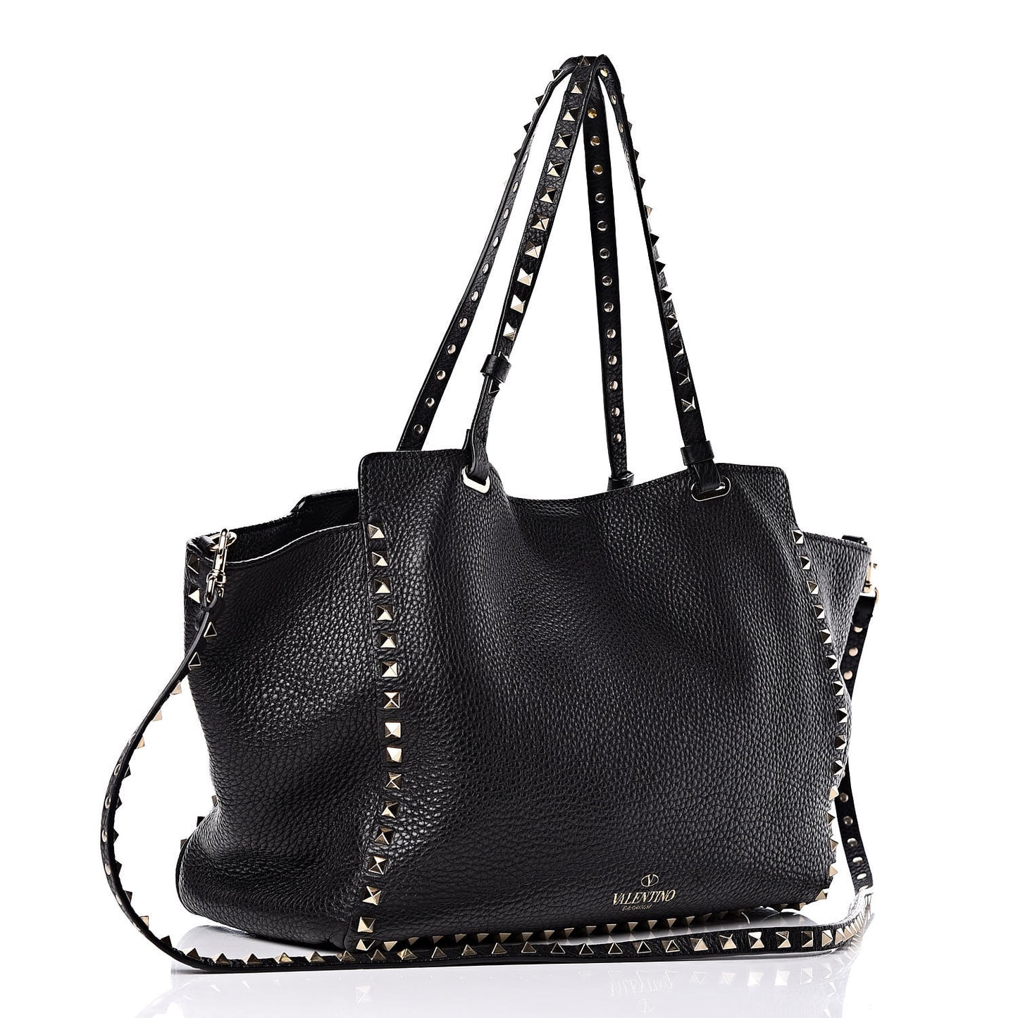 Pebbled Calfskin Medium Rockstud Tote Black