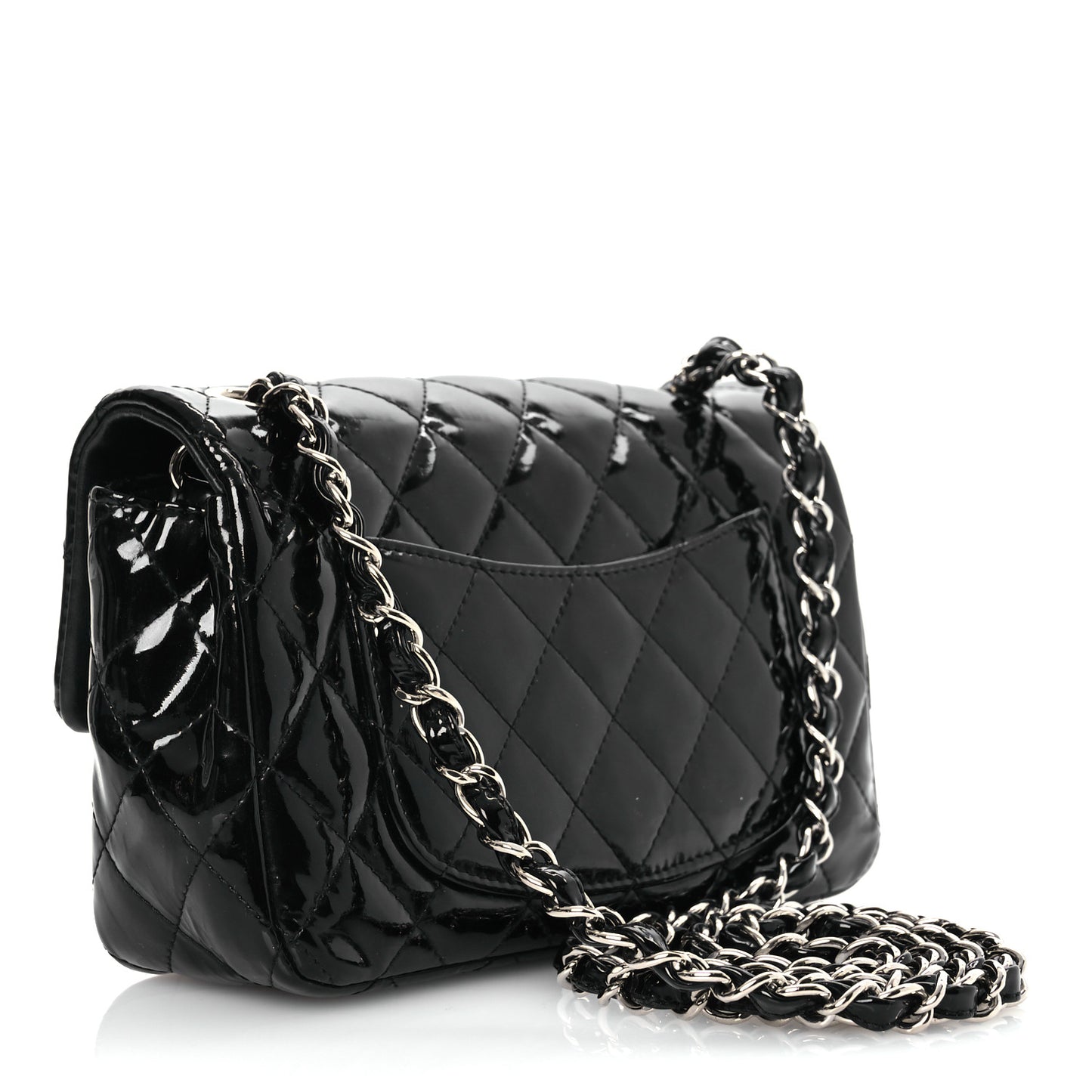 Patent Calfskin Quilted Mini Rectangular Flap Black