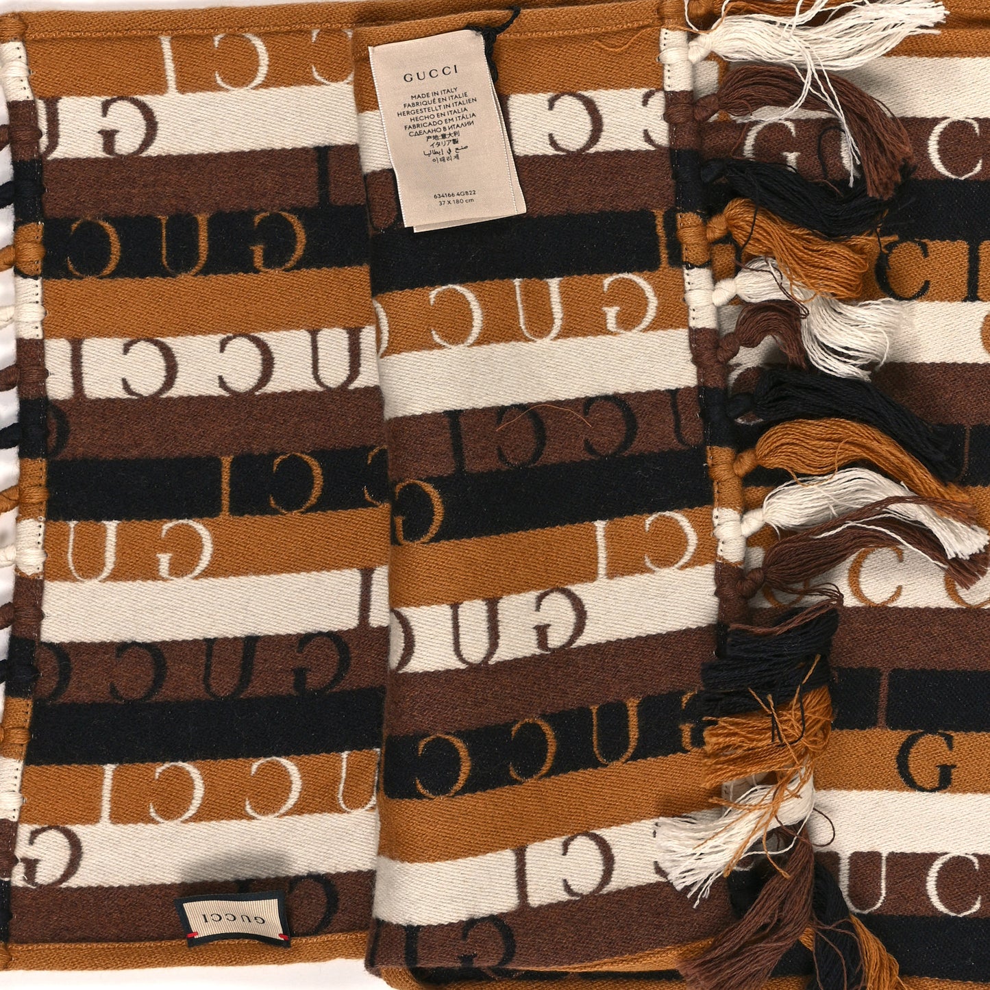Wool Cotton Logo Wood Stripes Scarf Light Brown Dark Brown