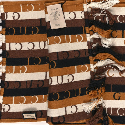 Gucci Wool Cotton Logo Wood Stripes Scarf Light Brown Dark Brown 3 of 3