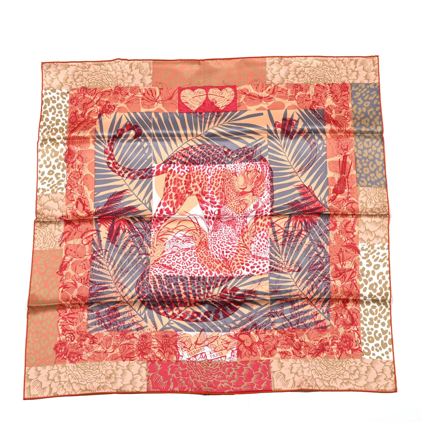 Silk Jungle Love au Tampon Scarf 70 Beige Rose Rouge