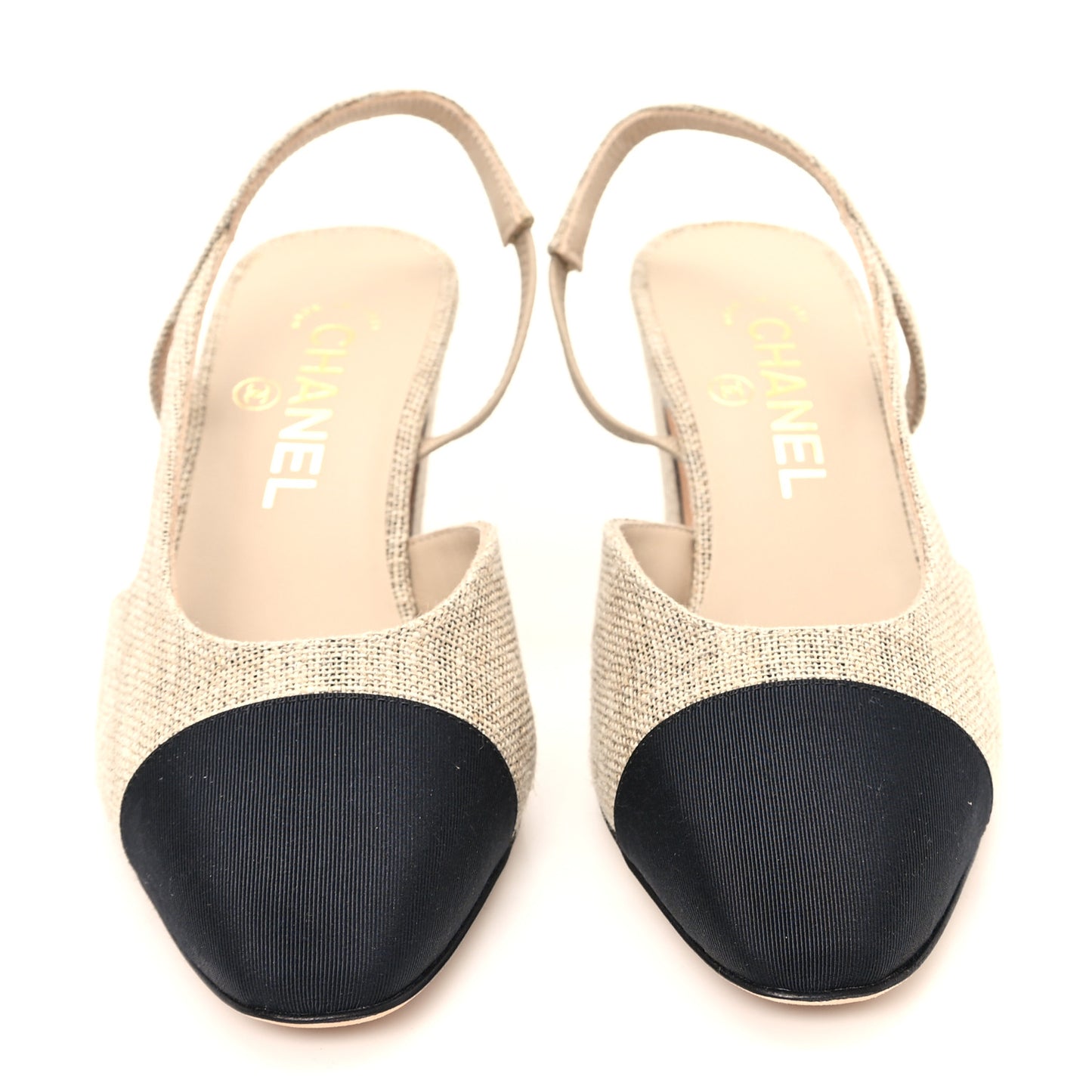 Fabric Grosgrain Cap Toe CC Slingback Pumps 37 Dark Beige Black