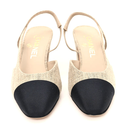 Chanel Fabric Grosgrain Cap Toe CC Slingback Pumps 37 Dark Beige Black 3 of 8