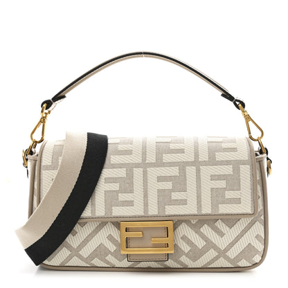 Fendi Canvas Vitello King FF Embroidered Baguette Grezzo White Nuvola 1 of 10