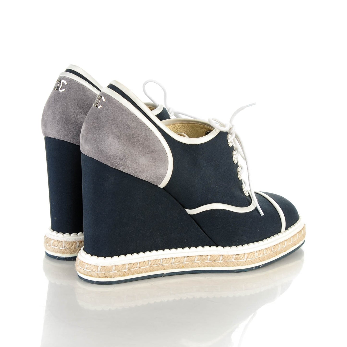 Silk Crepe Suede Calfskin Lace Up Wedge Espadrilles 41.5 Navy Grey