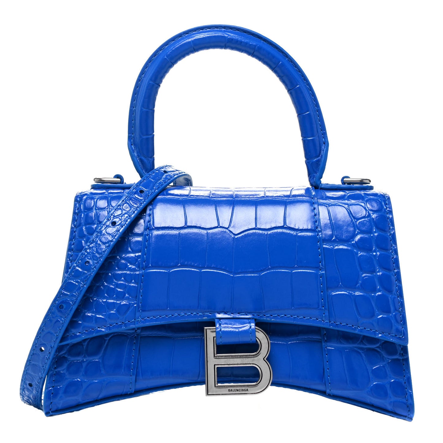Shiny Calfskin Crocodile Embossed Hourglass Top Handle Bag XS Royal Blue
