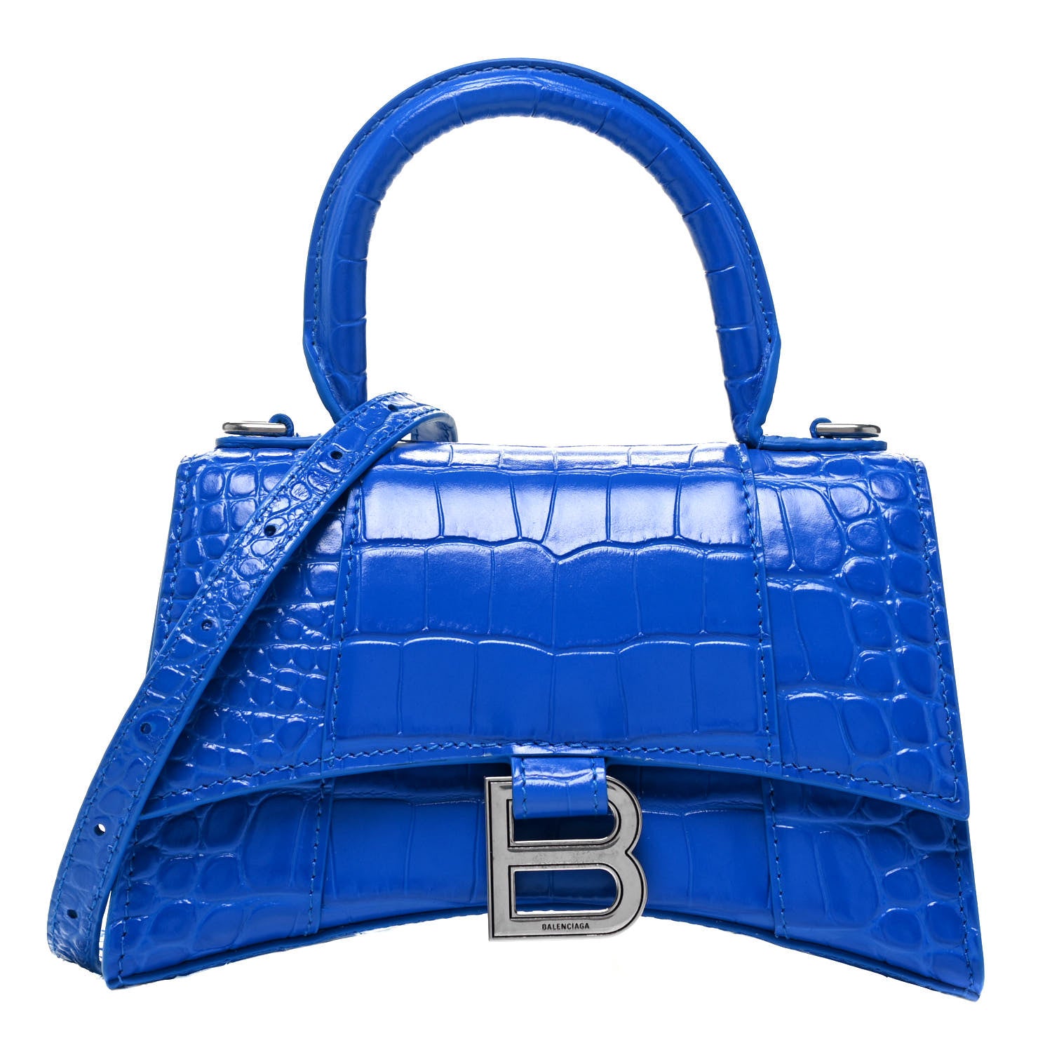 Balenciaga Shiny Calfskin Crocodile Embossed Hourglass Top Handle Bag XS Royal Blue 1 of 9