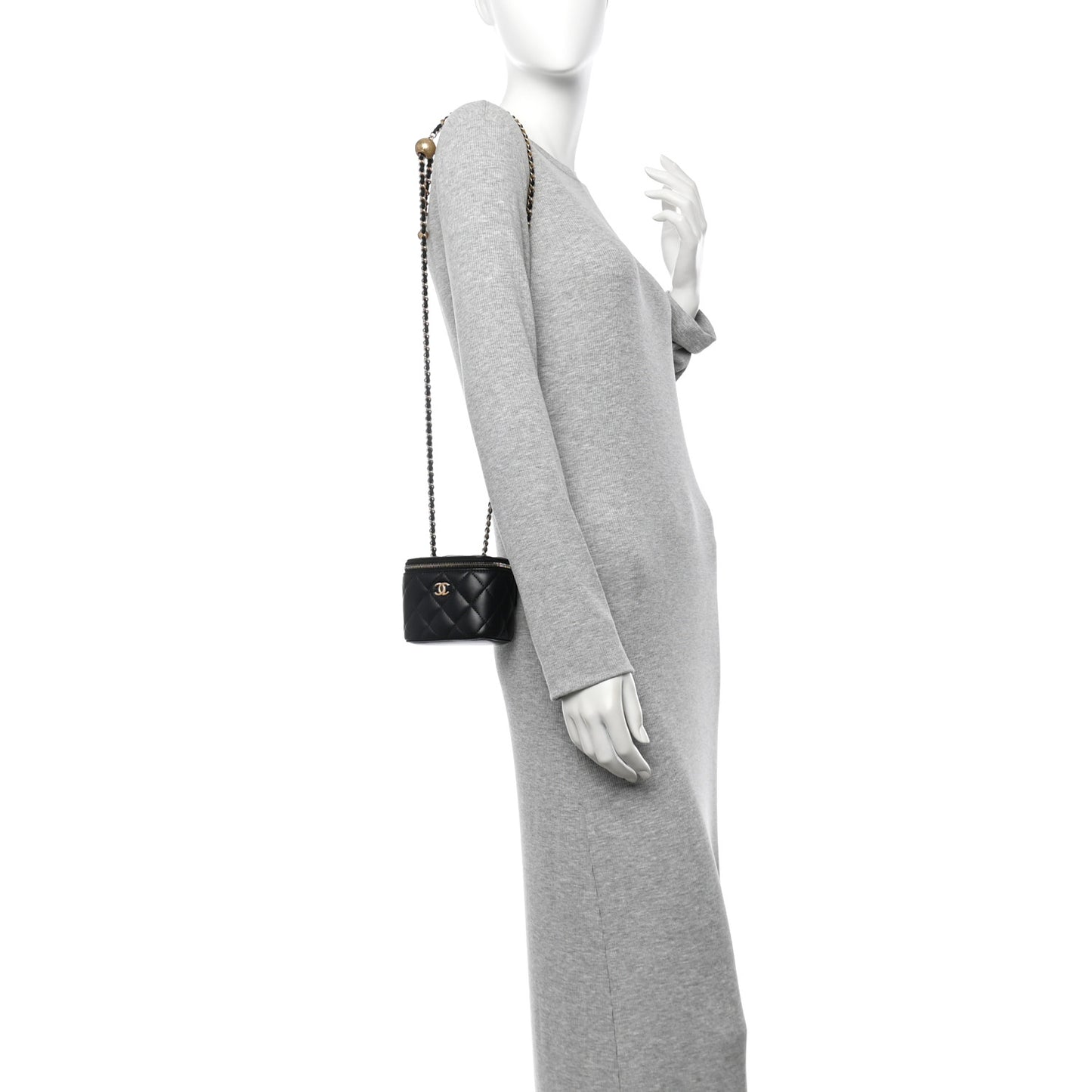 Lambskin Quilted Mini Pearl Crush Vanity Case With Chain Black