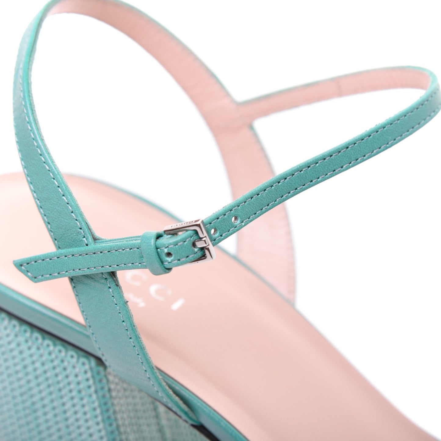 Sequin Satin Malaga Kid GG Marmont Ankle Wrap 75mm Sandals 40.5 Water Green Verde Chiaro Light Water Green