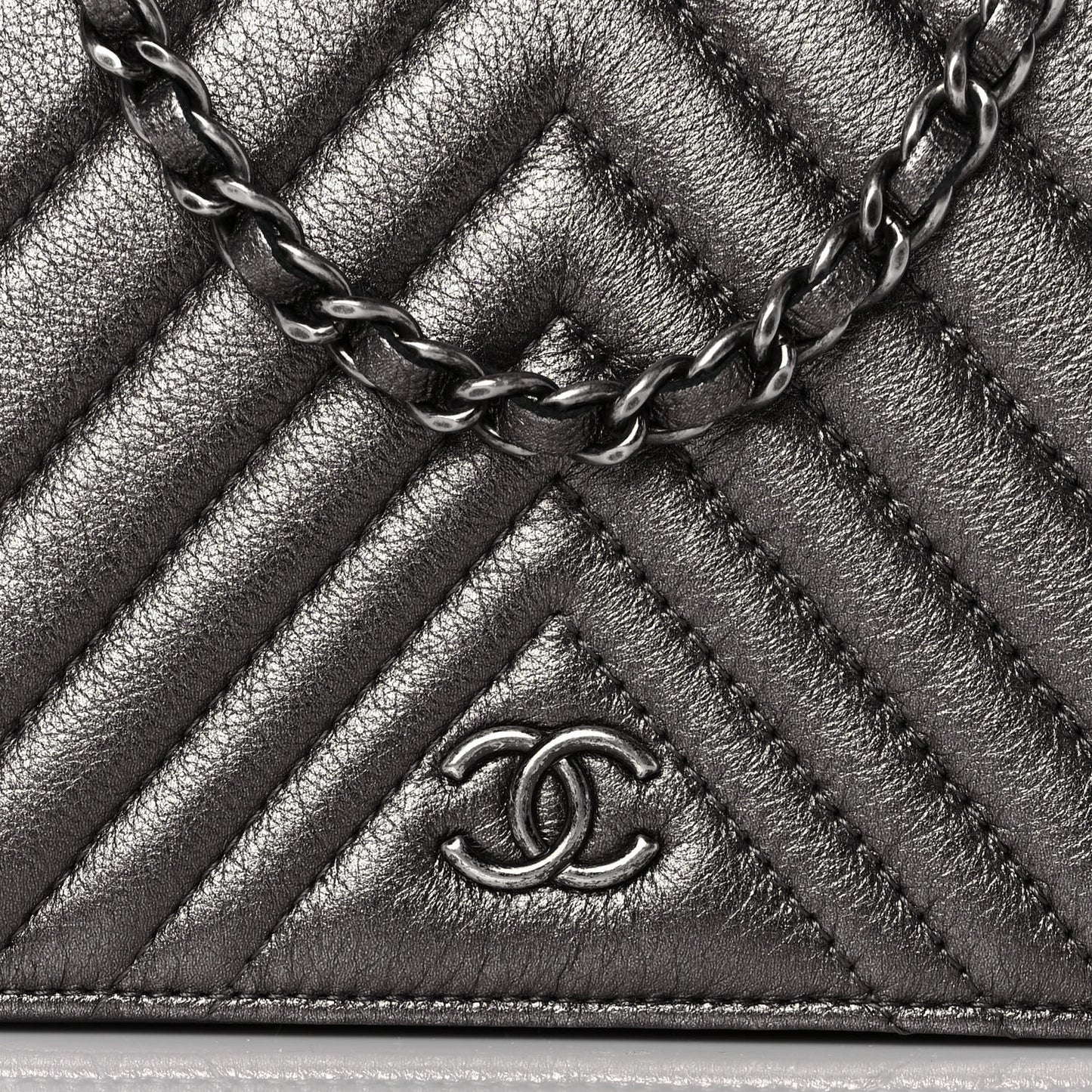 Metallic Calfskin Chevron Quilted Wallet On Chain WOC Dark Silver